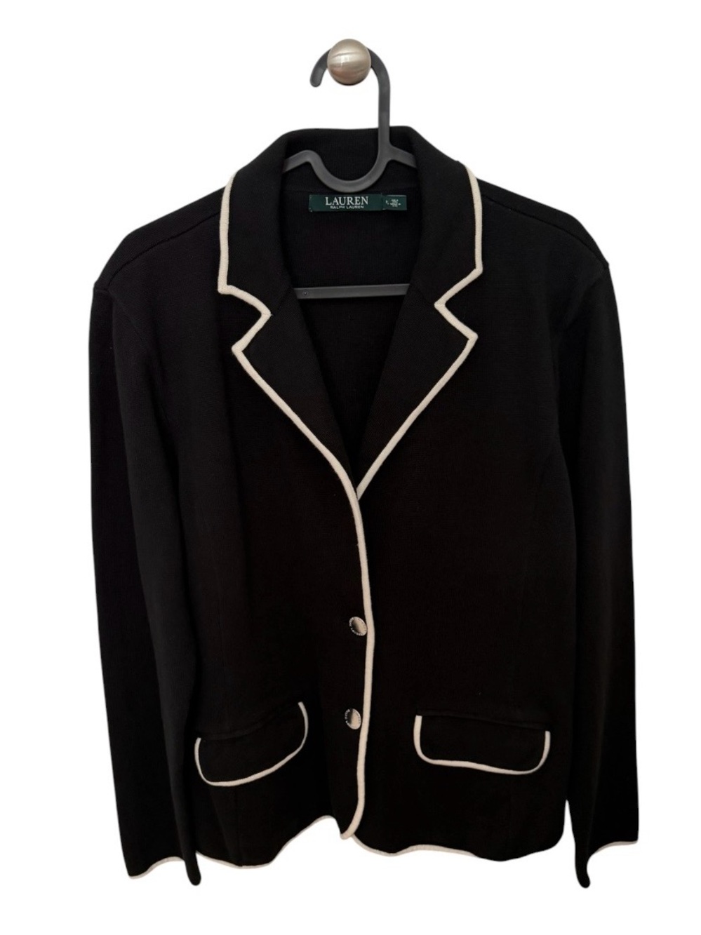 NWOT Lauren Ralph Lauren Black Contrast Piping Knit Blazer Jacket Size PL